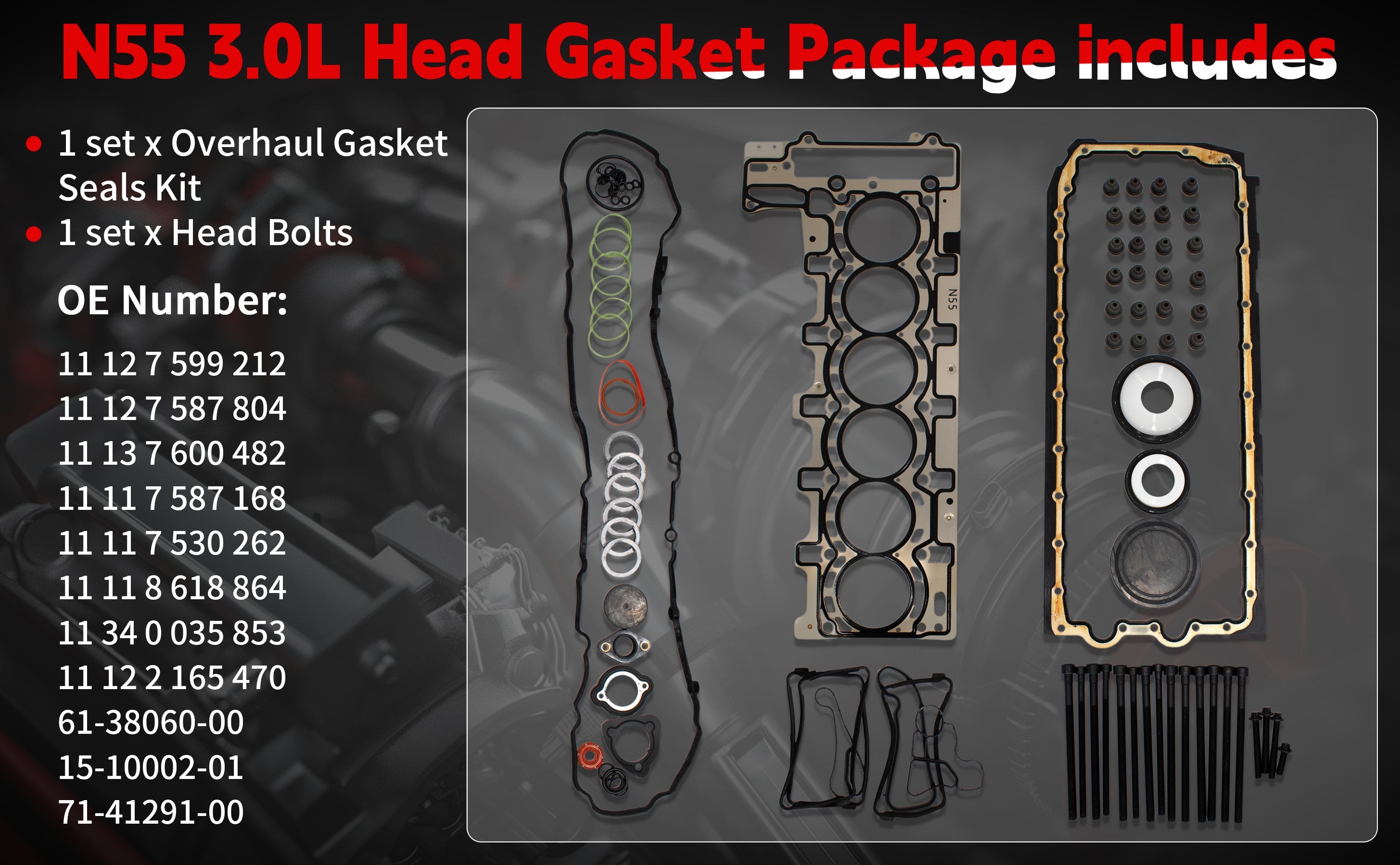 2010-2019 BMW N55 3.0L Turbo Engine Overhaul Head Gasket Set with Bolts 技术细节 1
