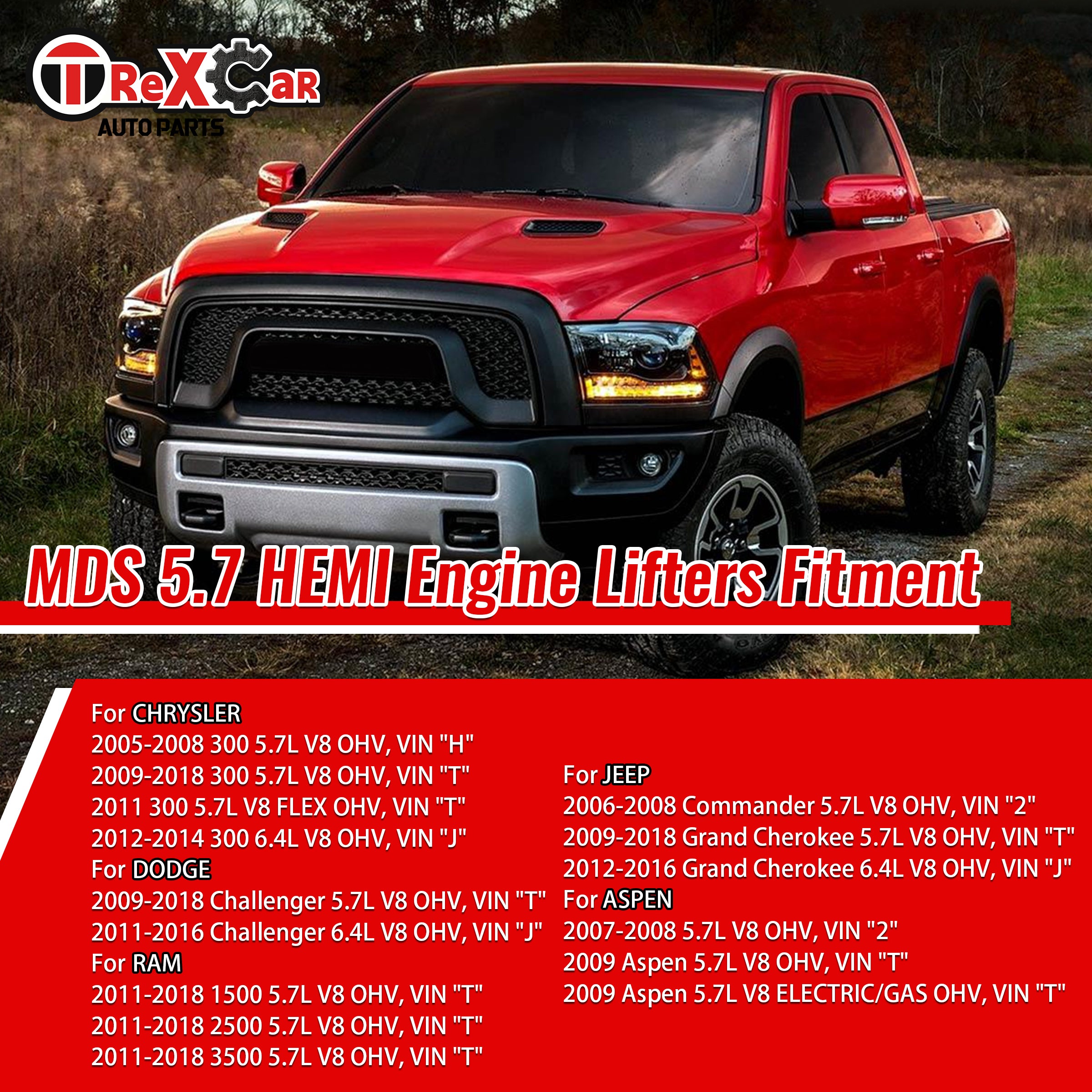 TREXCAR B2-QMTZ-030 MDS valve lifters vehicle fitment list with Ram truck for Chrysler Dodge Jeep 5.7L 6.4L HEMI V8.