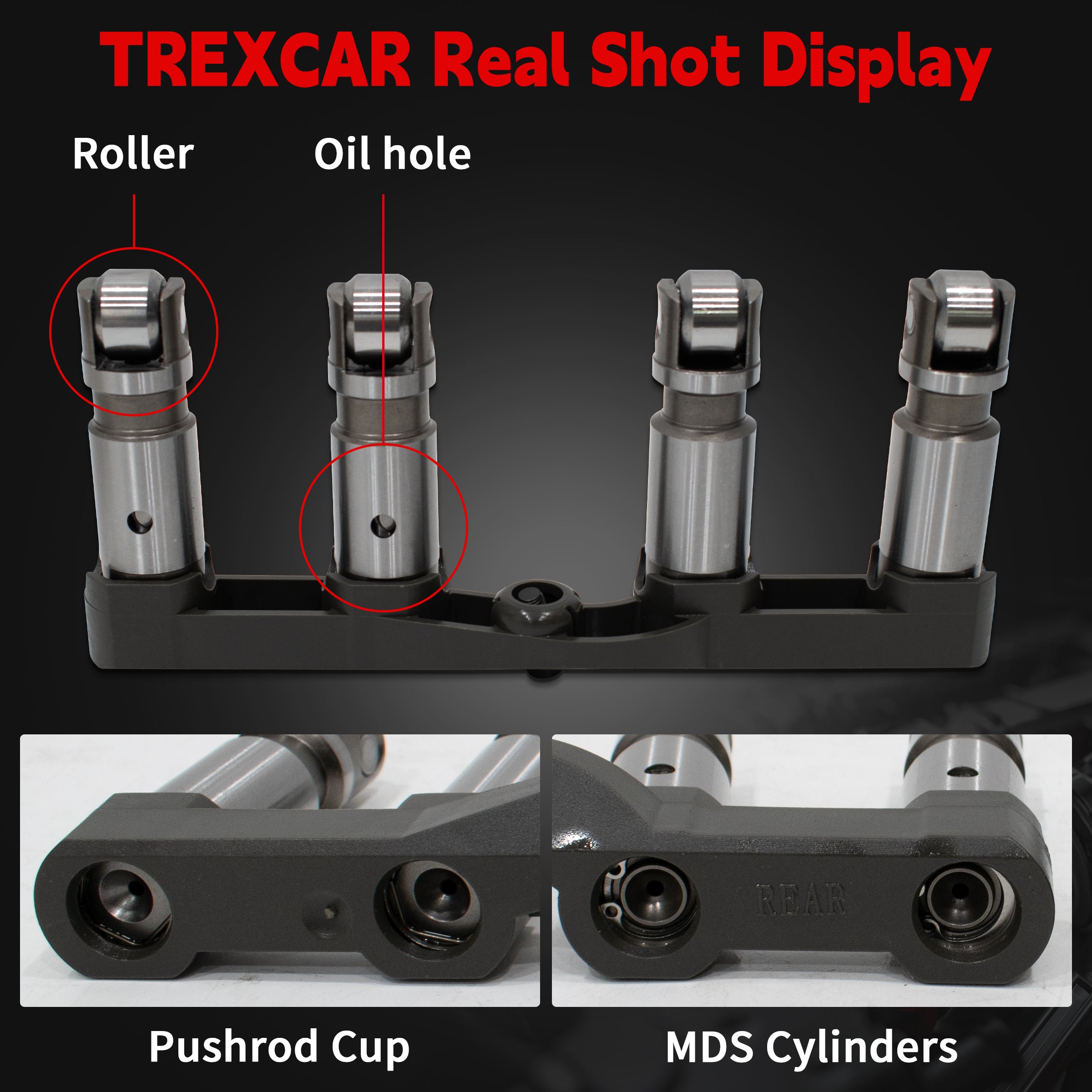 TREXCAR B2-QMTZ-030 valve lifter rear details showing pushrod cup and MDS cylinders for Chrysler Dodge Jeep 5.7L 6.4L HEMI V8.