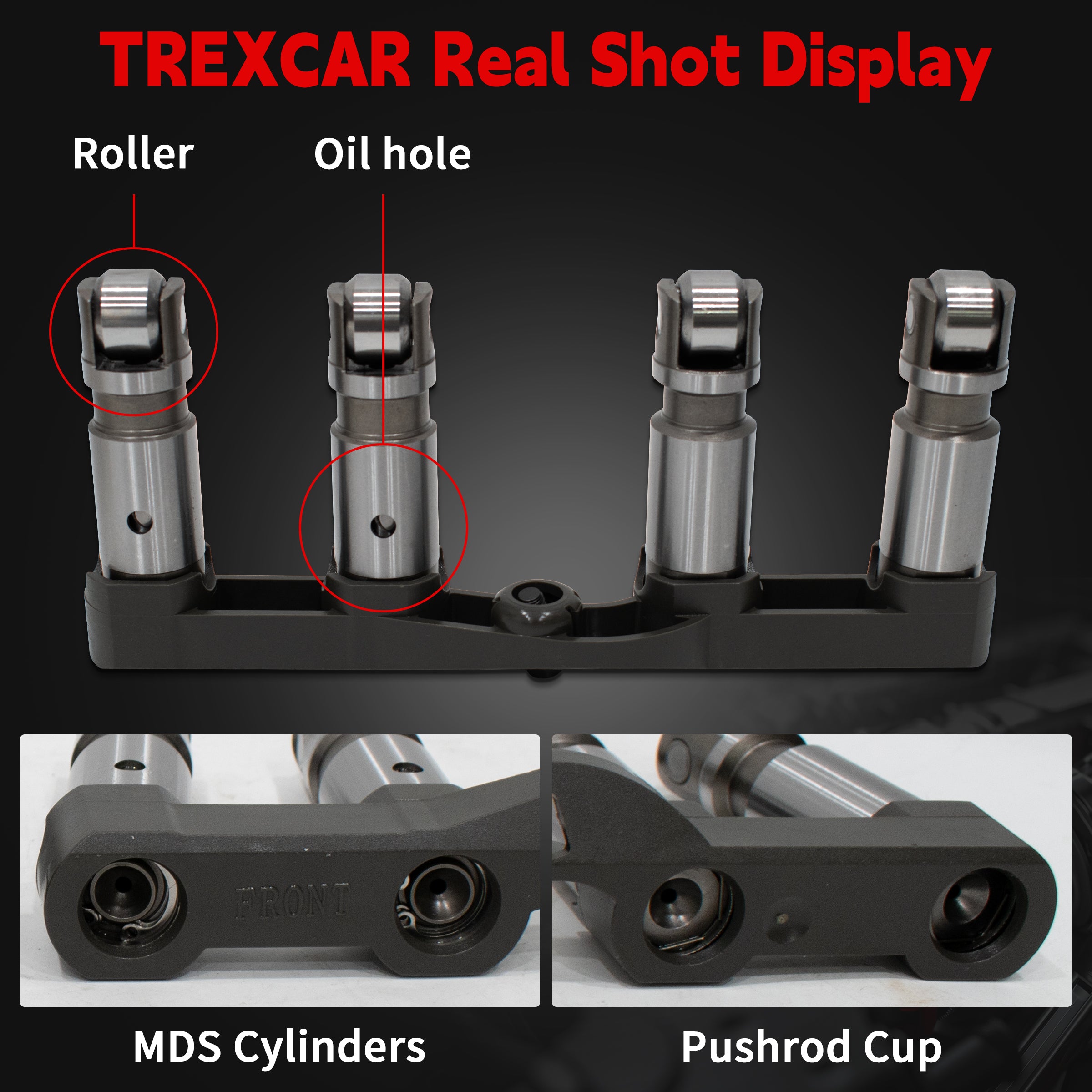 TREXCAR B2-QMTZ-030 valve lifter front details showing roller and oil hole for Chrysler Dodge Jeep 5.7L 6.4L HEMI V8.