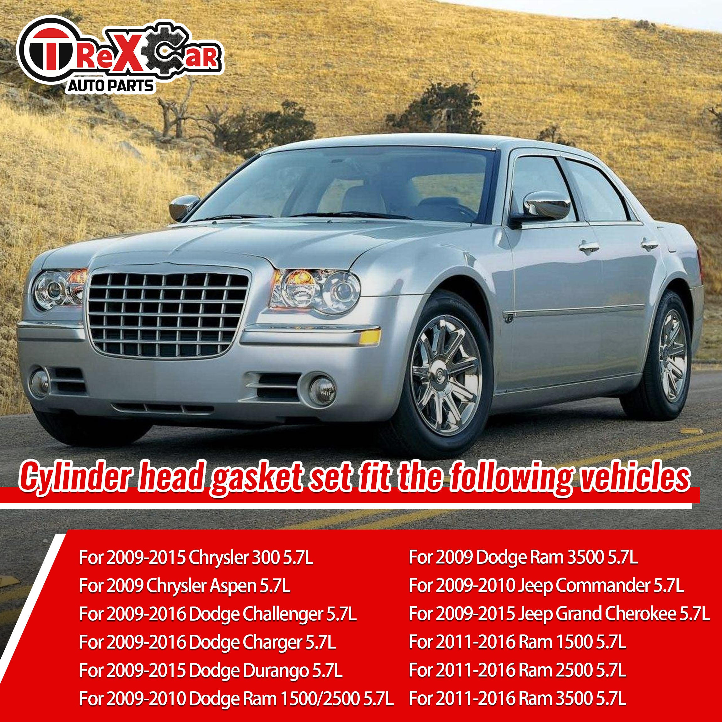TREXCAR QMTZKIT-004 cylinder head gasket set vehicle fitment list for Dodge/Jeep and Chrysler 5.7L HEMI VVT.