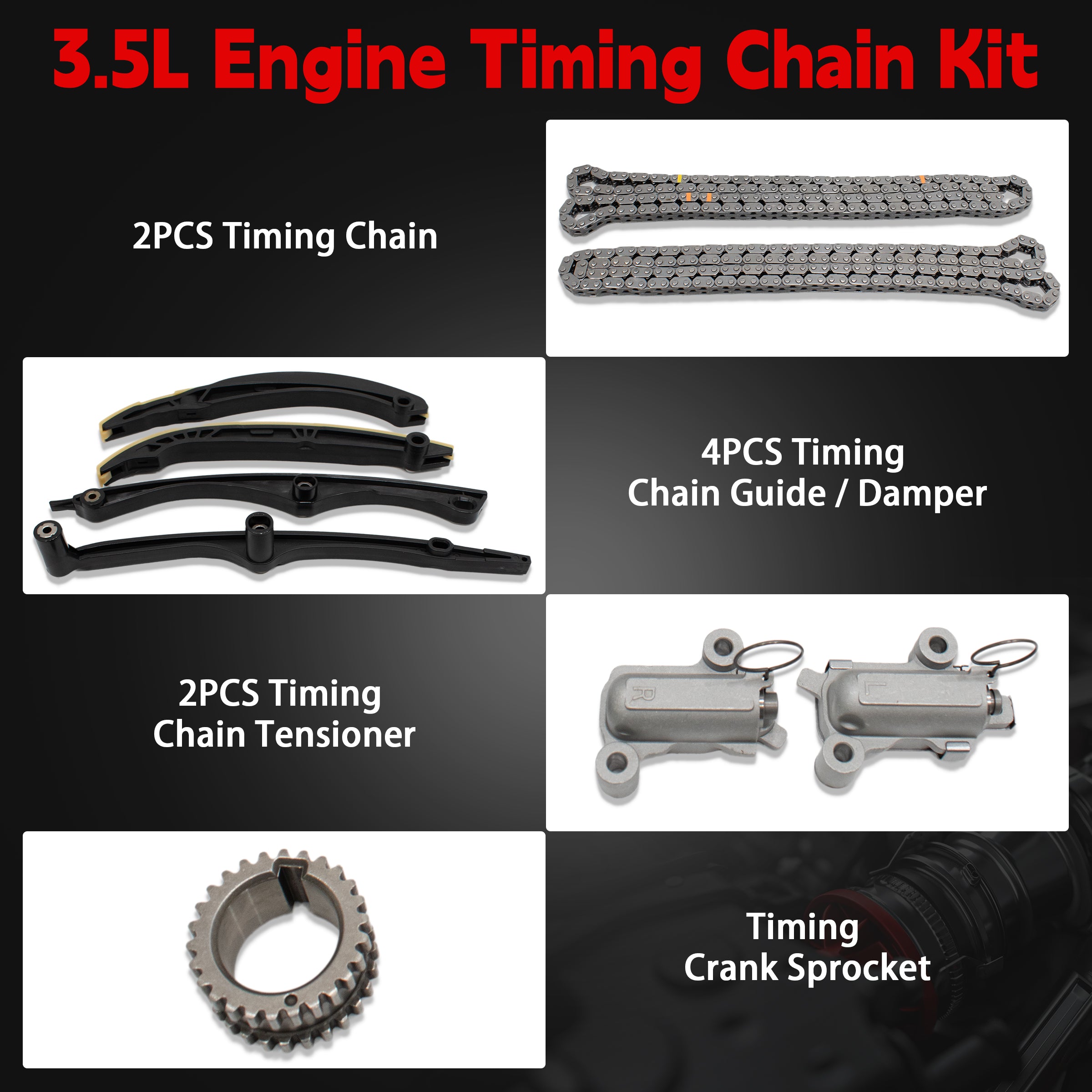 Detailed Components of TREXCAR LT-018 Kit - 2 Timing Chains, 4 Guides, 2 Tensioners, and Crank Sprocket