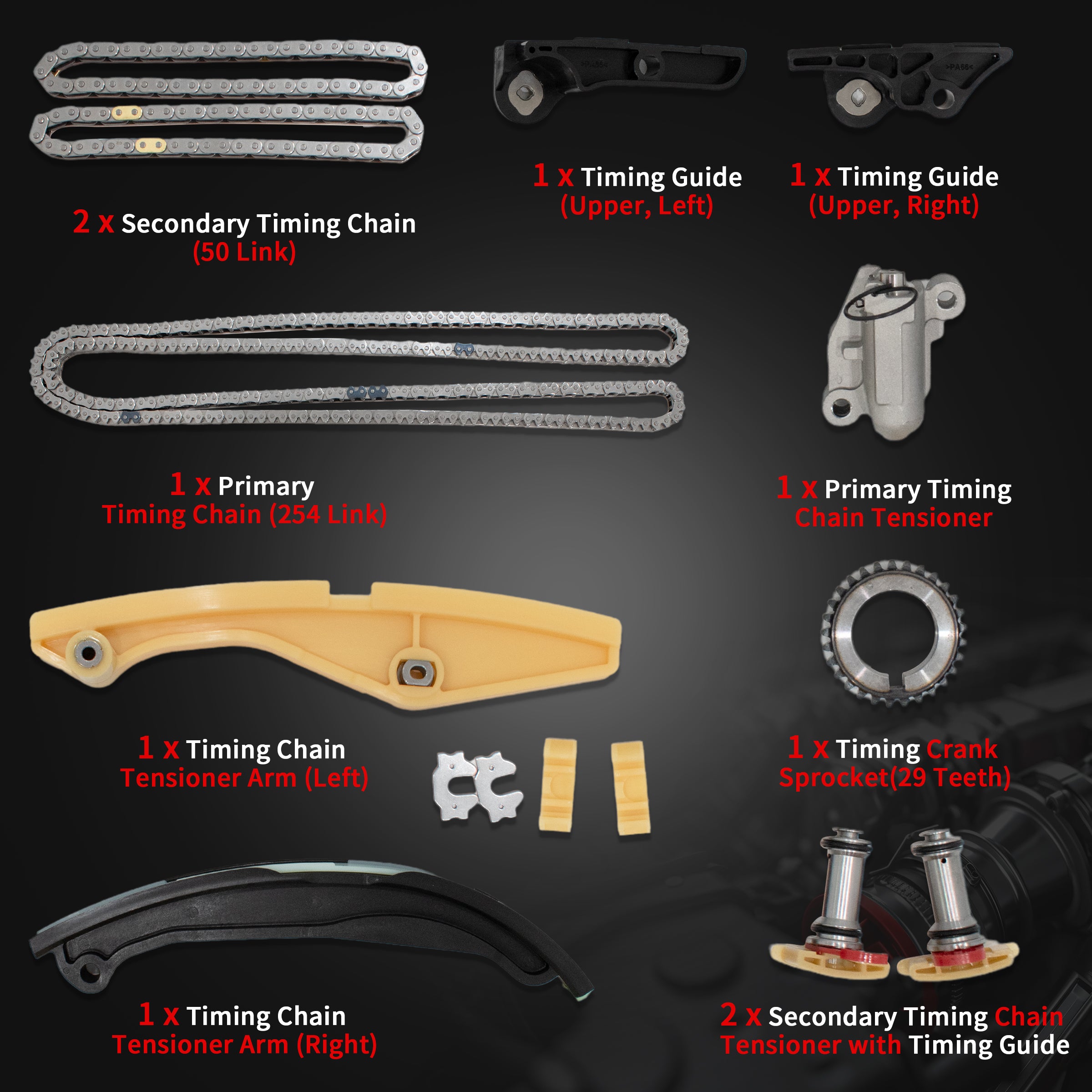 Detailed Components of TREXCAR LT-17 Timing Chain Kit - Primary Chain, Tensioners, Guides and Sprocket