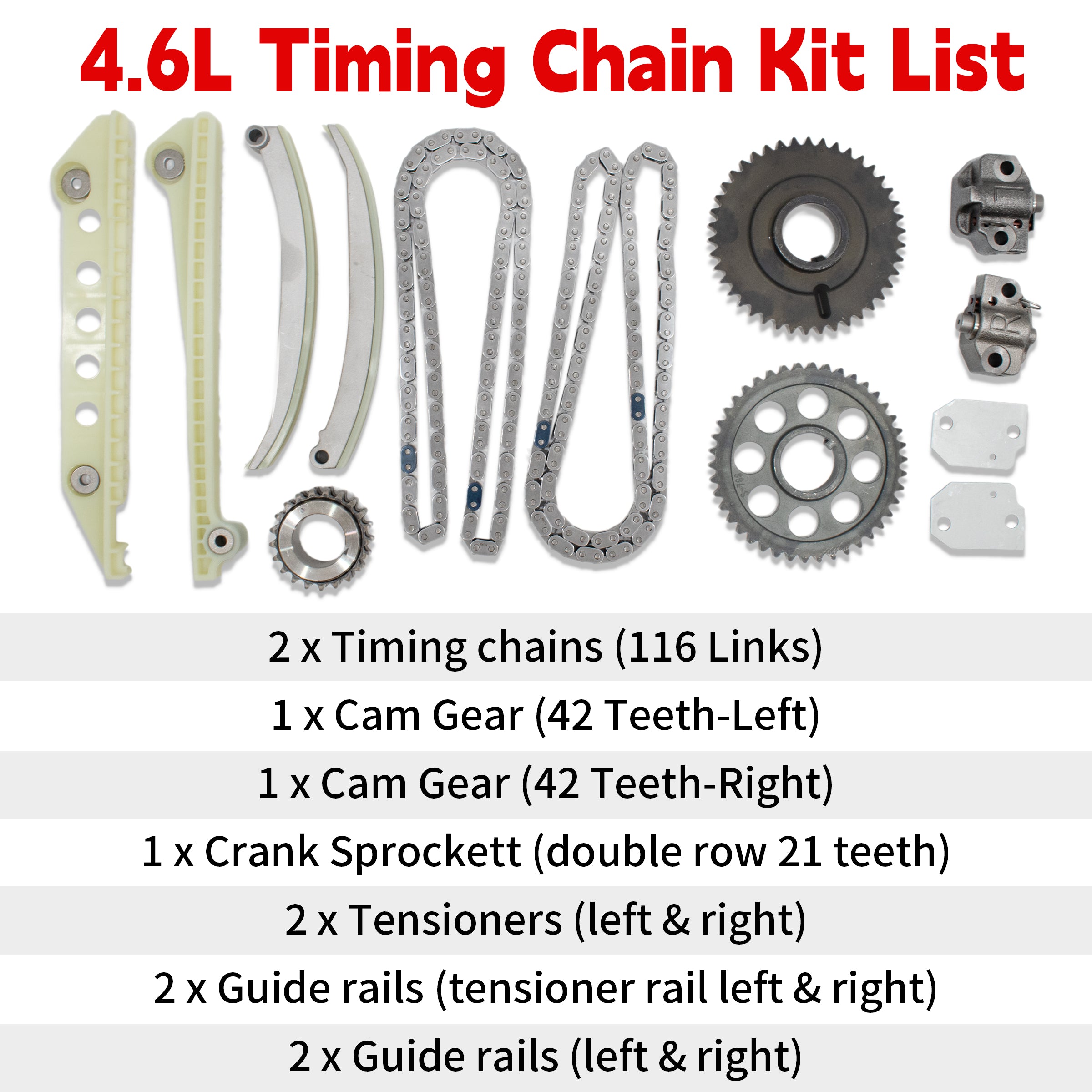 TREXCAR LT-016 Ford 4.6L 5.4L 2-Valve V8 Timing Chain Kit Components and Package List