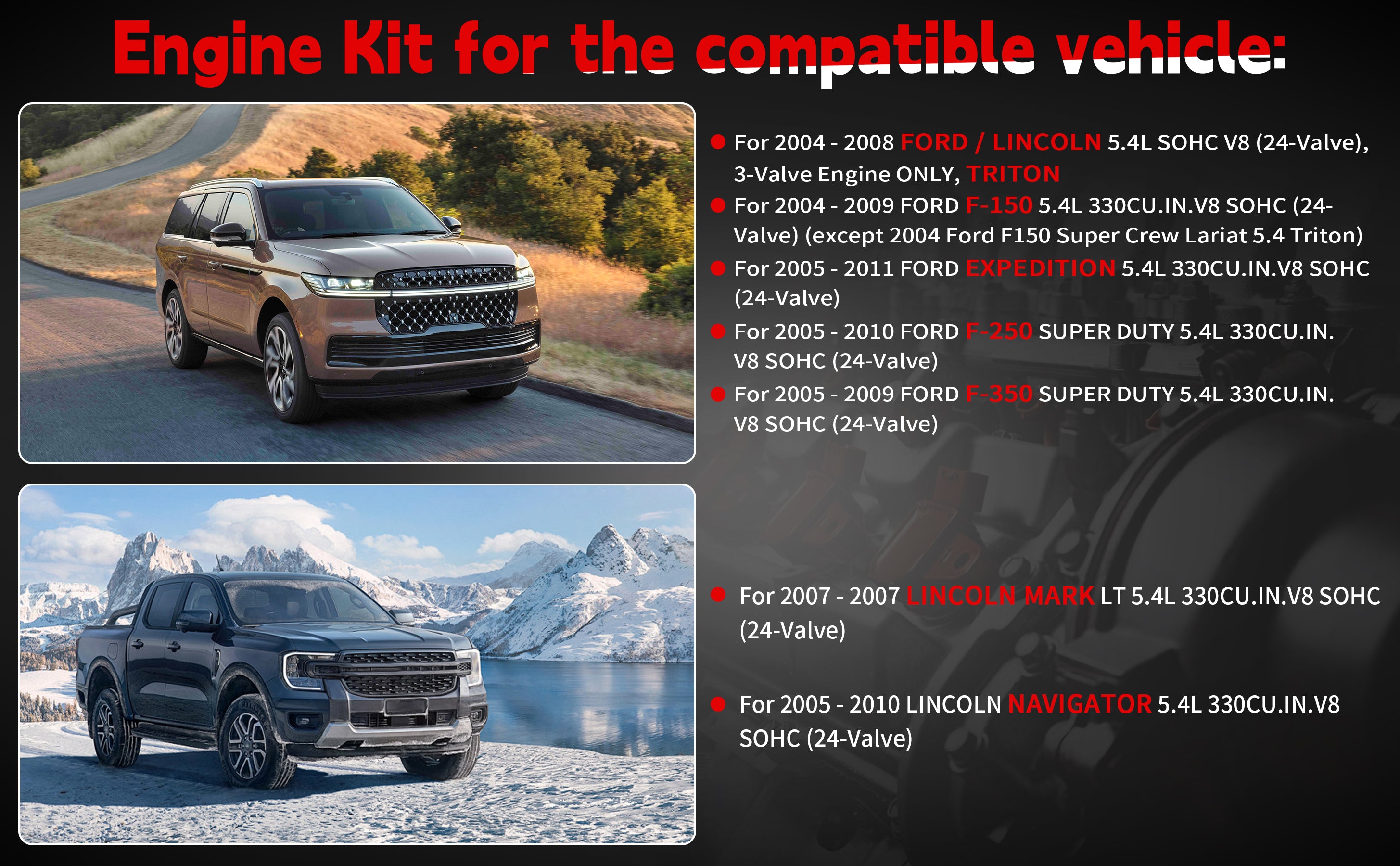 2004-2014 Ford/Lincoln 5.4L 3-Valve Complete Timing Chain Kit: Cam Phasers, VVT Solenoids & Gaskets 技术细节 1