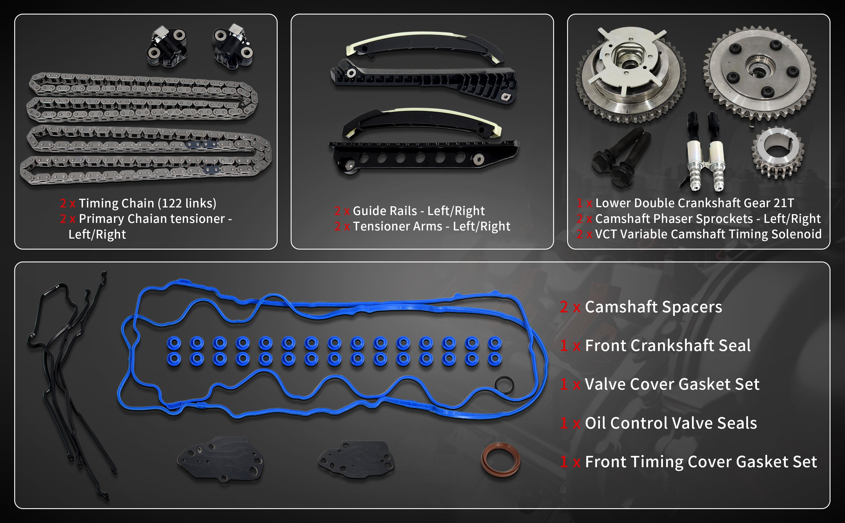 2004-2014 Ford/Lincoln 5.4L 3-Valve Complete Timing Chain Kit: Cam Phasers, VVT Solenoids & Gaskets 技术细节 2